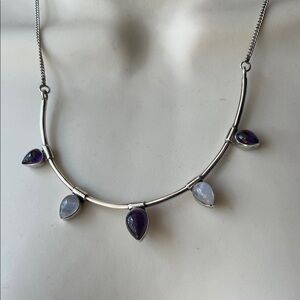 Moonstone & Amethyst Tear Drop Cabochons Set In .925 Silver Necklace